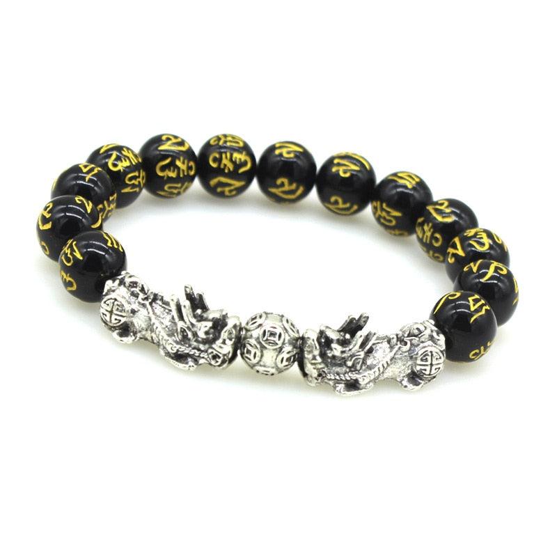 Genuine Feng Shui Black Obsidian Mantra Beaded Bracelet with Gold Pi Xiu, Feng Shui Bracelets Luck for Men and Women